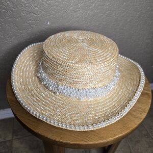 Elegant Pearl-Embellished Straw Hat - Bridal, Bachelorette. New!